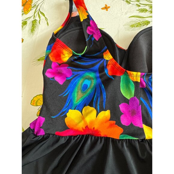 Great Lengths Womens Swim Dress Black Tropical Floral & Peacock Feather  20W - Picture 5 of 8